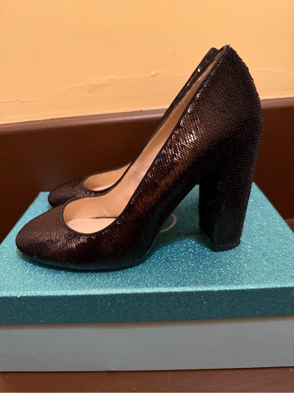 Betsey Johnson Black Sequin Block Heel Pumps